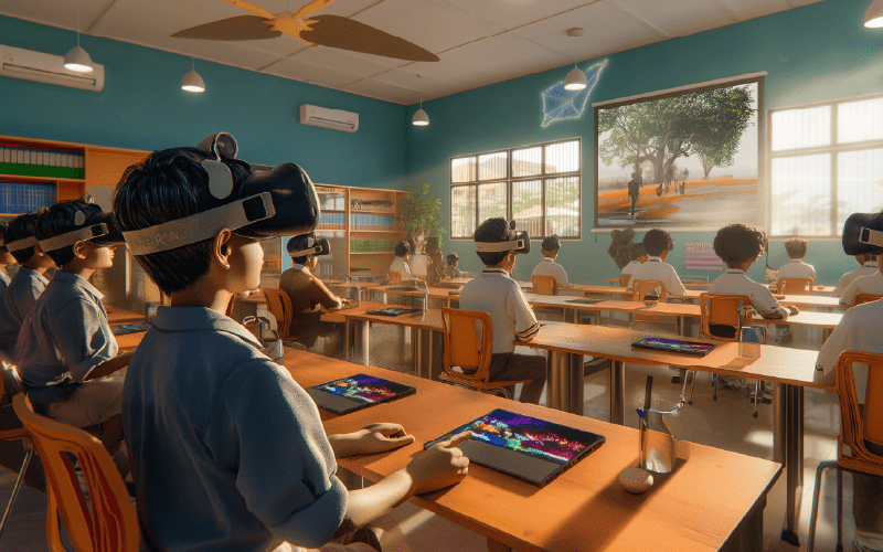 A group of children in a classroom wearing virtual reality headsets